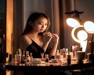 美妆达人在化妆台前专注调色，桌面整齐摆放高端护肤品，暖光灯氛围感十足，尤物视频美妆内容场景