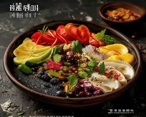 美食探店视频封面，精致日料摆盘特写，色彩鲜艳食材在深色石板上呈现，画面极具食欲感与高级感
